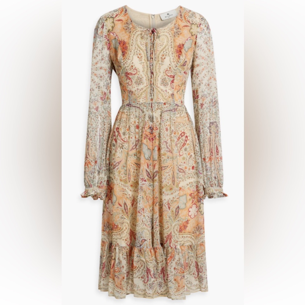 New Etro Milano Multicolor Paisley Print Chiffon Lace up dress Italy Size 40 - Picture 6 of 16